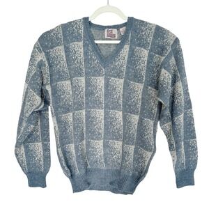 Vintage First Landing Mens XL Blue Checkerboard V-Neck Wool Blend Knit Sweater